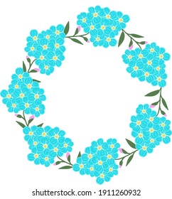 vector wreath of flowers and forget me not buds: an inflorescence of forget-me-not buds, a small bouquet blue, pink, green, frames.Stock illustration, greeting for Easter, wedding
