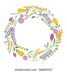 Vector wreath with flowers. Hand drawn artwork. Mockup design for wedding invitations, cards, tickets, congratulations, branding, boutique logo, label.