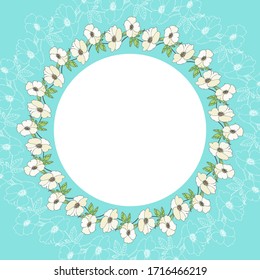 Vector wreath of flowers and leaves of white rose hips. Blue background.Multi-layer vector file. For postcards, invitations, brochures, business cards, restaurant menus.