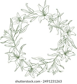 Vector wreath of flowers and leaves of white lily. Circle frame with lines hand drawn, template for wedding decor, greeting cards and prints.