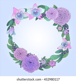 vector wreath frame framing of purple peonies, orchids and currants for postcards , logos , and other things with a place in the middle for text