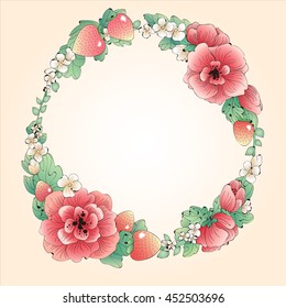 vector wreath frame of red flowers and berries with blank space for text in the center