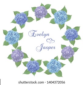 Vector wreath frame for wedding invitations.Watercolor Blue, purple, sapphirine flower, leaves of hydrangea, mophead, lacecap, panicle on background.Seasonal plants, collection.All elements are