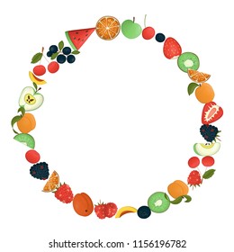 Vector wreath of fruit and berries. Hand drawn cartoon style illustration. Cute frame with orange, apple, apricot, watermelon, kiwi, strawberry, raspberry, blackberry, blueberry, cherry