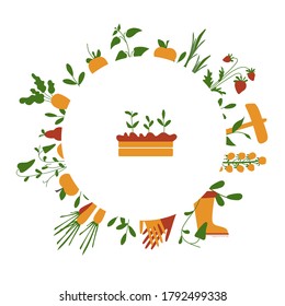 Vector con frutas, verduras y otros elementos (bota, guantes, placa con nombre de jardín).Ilustraciones cortas de la comida saludable.Diseño de tarjeta de menú con lugar para el texto, marco de círculo, concepto para la pancarta
