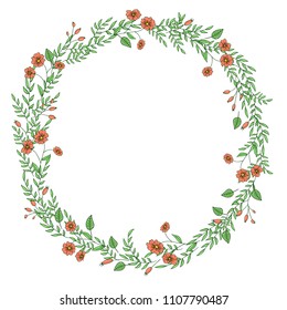 Vector wreath of garden flowers and herbs. Hand drawn cartoon style illustration. Cute summer or spring frame for wedding, holiday or card design