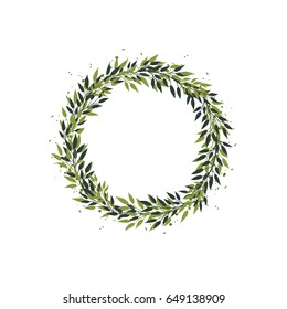 Vector wreath of green branches with leaves and splashes. Beautiful round frame. Decor for invitations, greeting cards, posters.