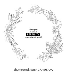 Vector wreath with Green pea plant in bundle of angles: leaves, flowers, pods in circle. Pea is a symbol of fertility, prosperity and wealth. Elegant realistic outline illustration isolated on white.