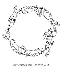 corona vectorial de pluma de pájaro dibujado a mano con manchas, ilustración monocroma de pluma entintada, boceto en blanco y negro aislado sobre fondo blanco