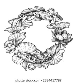 Vector wreath with hand drawn blooming lotus flowers and leaves, Koi fish. Best for invitation, greeting card