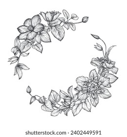 Vector wreath with hand drawn blooming garden flowers and leaves. Best for invitations, greeting cards