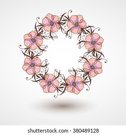 Vector wreath of hand drawn flowers, branches and leaves. In pink and brown colors. 