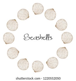 Vector wreath with hand drawn seashells.  Marine background in engraved style. Hand drawn underwater vector illustration with seashells.