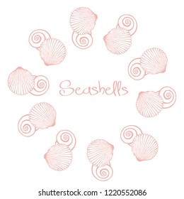 Vector wreath with hand drawn seashells.  Marine background in engraved style. Hand drawn underwater vector illustration with seashells.