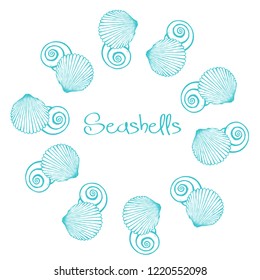 Vector wreath with hand drawn seashells.  Marine background in engraved style. Hand drawn underwater vector illustration with seashells.