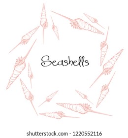 Vector wreath with hand drawn seashells.  Marine background in engraved style. Hand drawn underwater vector illustration with seashells.
