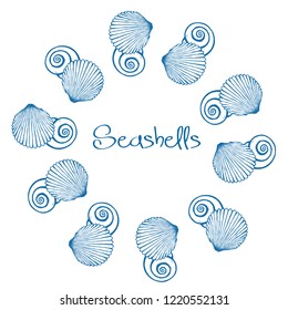 Vector wreath with hand drawn seashells.  Marine background in engraved style. Hand drawn underwater vector illustration with seashells.