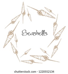 Vector wreath with hand drawn seashells.  Marine background in engraved style. Hand drawn underwater vector illustration with seashells.