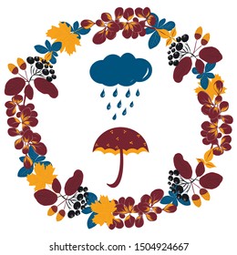 Vector wreath, hand-drawn colorful leaves, umbrella and cloud with rain lettering Hello Autumn.
Autumn mood, bad weather