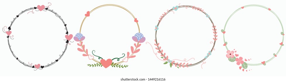 Vector Wreath with hearts love and flowers.  Wreath Hand drawn with ornaments vintage. Vector floral. Illustrations wreath, wedding invitation cards, posters. Flowers vectors