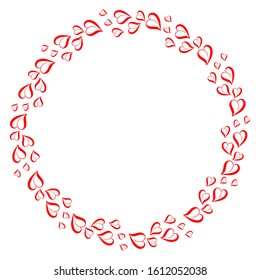 Vector wreath of hearts. Romantic round frame with little red hearts on a white isolated background. Cute round border with space for text. For design postcards, social networks, prints, St. Valentine