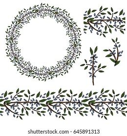 Vector wreath with honeysuckle berries. Seamless pattern brush with honeysuckle. Vector frame with blue berries and green leaves