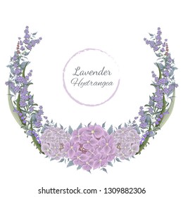 Vector wreath of hydrangea flowers, green leaves and lavender. All elements are isolated.