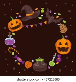 Vector wreath with icons for Halloween in cartoon style