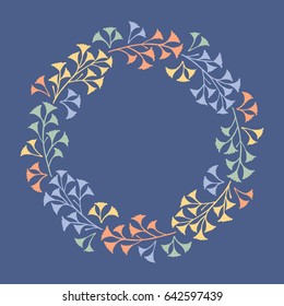 Vector wreath isolated on blue background. Hand drawn romantic illustration made of leaves and twigs. Good to frame texts, quotes, scraps and logos; also great for invitations and other cards design.