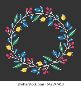 Vector wreath isolated in trendy colors on grey background. Modern flat illustration made of leaves and berries. Good to frame texts, quotes & logos; also great for invitations & other cards design.