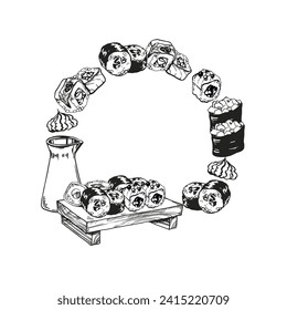 vector wreath of Japanese food theme with rolls, sushi, sashimi, soy sauce, food illustration, hand drawn inked monochrome sketch of seafood, frame isolated on white background