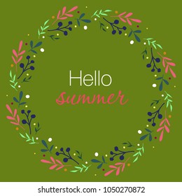 Vector wreath with leaves and berries. Spring colors pattern for wedding, invitations, paper design. Hello summer design.