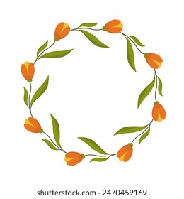 Vector wreath of leaves and blooming flowers. Botanical frame. Template for a postcard. Green circle of leaves and flowers. Concept of spring and summer holiday invitation.