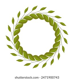 Corona de Vector de hojas con ramas. Marco para la inscripción. Plantilla para una postal. Círculo verde de hojas. Invitación a unas vacaciones. Ilustración de color de un jardín para una invitación de boda.