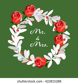 Vector wreath with leaves and cranberries on a green background with roses. Can be used for greeting cards or wedding invitations