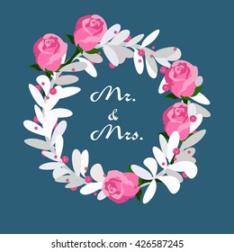 Vector wreath with leaves and cranberries on a blue background with roses. Can be used for greeting cards or wedding invitations