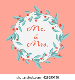 Vector wreath with leaves and cranberries on a pink background. Can be used for greeting cards or wedding invitations