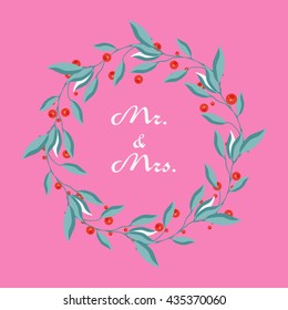 Vector wreath with leaves and cranberries on a pink background. can be used for greeting cards or wedding invitations