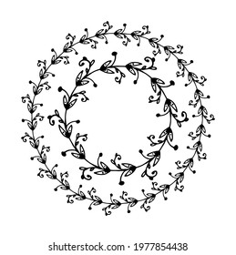 Vector wreath of leaves with dots of berries with an empty space for text. set of insulated round twig frames with rounded leaves, hand-drawn black line in doodle style on white background for design 