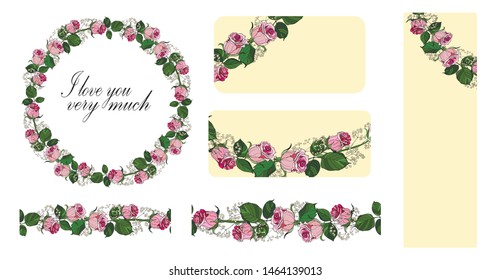  vector. Wreath of leaves and flowers. The design of the invitation. Background for save the dates. Romantic pink roses with wild herbs. Designer card, business card, invitation 