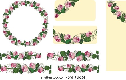 vector. Wreath of leaves and flowers,  seamless brush. The design of the invitation. Background for save the dates. Romantic pink roses with wild herbs. Designer card, business card, invitation