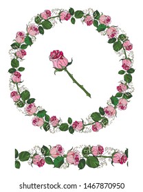 vector. Wreath of leaves and flowers, seamless brush. The design of the invitation. Background for save the dates. Romantic pink roses with wild herbs. Designer card, business card, invitation