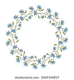 Vector de flores y hojas. Plantilla para una postal. Círculo verde de hojas y flores. Concepto de invitación de vacaciones de primavera y verano. 