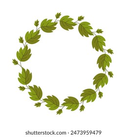 Vector de corona de hojas. Marco para la inscripción. Plantilla para una postal. Círculo verde de hojas y ramas. Invitación a unas vacaciones. Ilustración de color de un jardín para una invitación de boda.