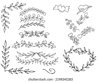 Vector wreath of leaves with ornament. Set collection of Vintage ornament elements, hand drawn vector dividers. Doodle design elements. Decorative twisted partitions. Original hand drawing. Isolated