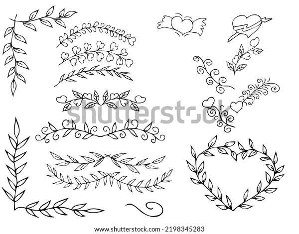 Vector wreath of leaves with ornament. Set\
collection of Vintage ornament elements, hand drawn vector\
dividers. Doodle design elements. Decorative twisted partitions.\
Original hand drawing.\
Isolated