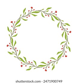 Vector wreath of leaves and wildflowers. Template for a postcard. Green circle of leaves and flowers. Color illustration of a garden for a wedding invitation.