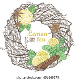 Vector  wreath with lemon, mint, cinnamon hand drawn sketch. Sketch vector food illustration. Lemon tea set