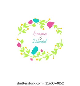 Vector wreath made with branches, leaves and flowers in flat style - lovely romantic frame for wedding invitation, fashion, beauty and jewelry industry.
