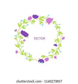 Vector wreath made with branches, leaves and flowers in flat style - abstract monogram and frame for fashion, beauty and jewelry industry.